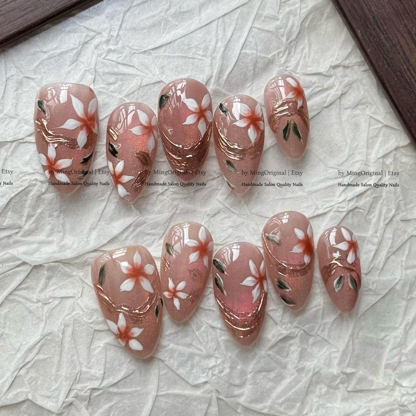 Blush Sakura Bloom Press-On Nails – Hand-Painted Floral Rose Gold Nail Art Set
