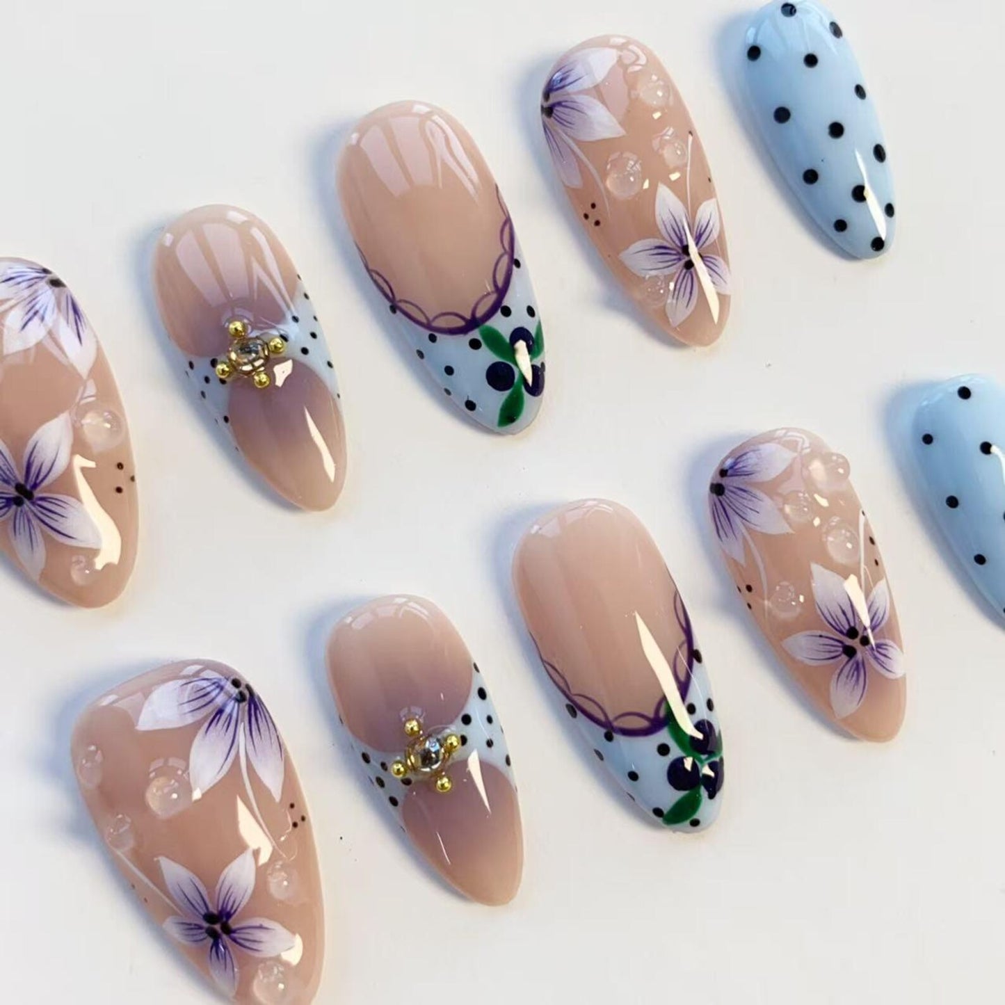 Lavender Bloom French Press-On Nails – Floral Polka Dot Nail Art Set