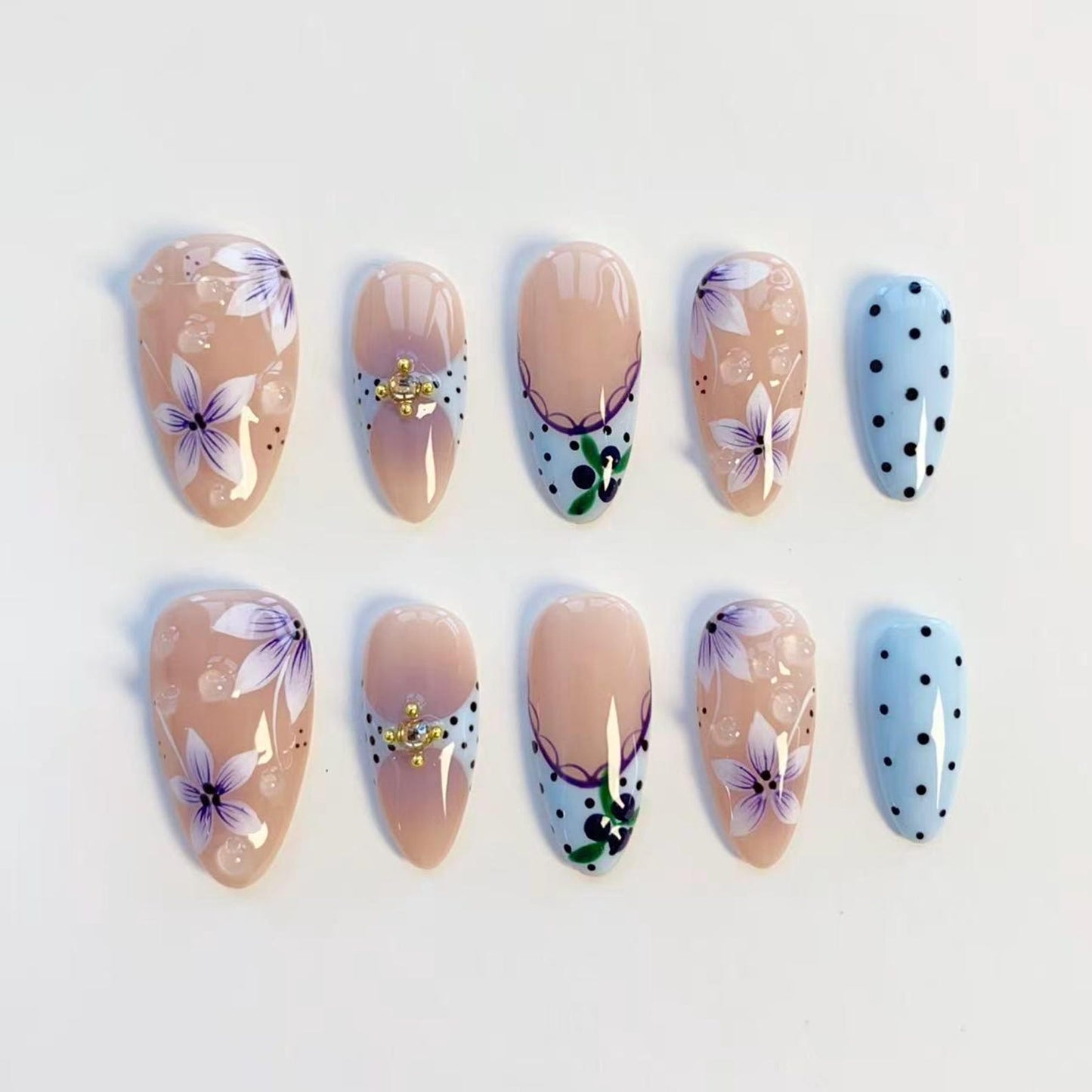 Lavender Bloom French Press-On Nails – Floral Polka Dot Nail Art Set