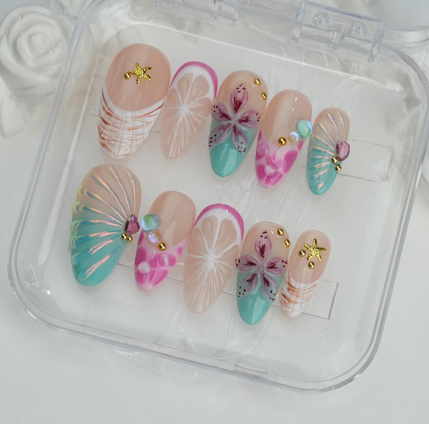 Tropical Flower Press-On Nails – Handmade Summer Beach Nail Set | Cute Pastel Reusable False Nails