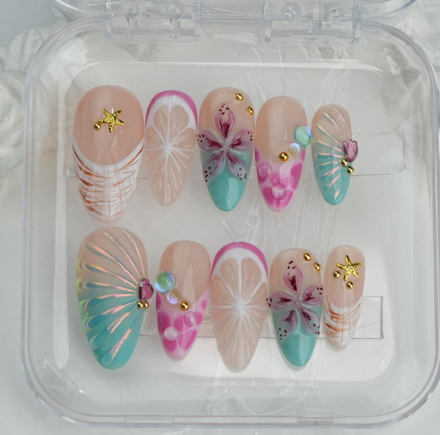 Tropical Flower Press-On Nails – Handmade Summer Beach Nail Set | Cute Pastel Reusable False Nails