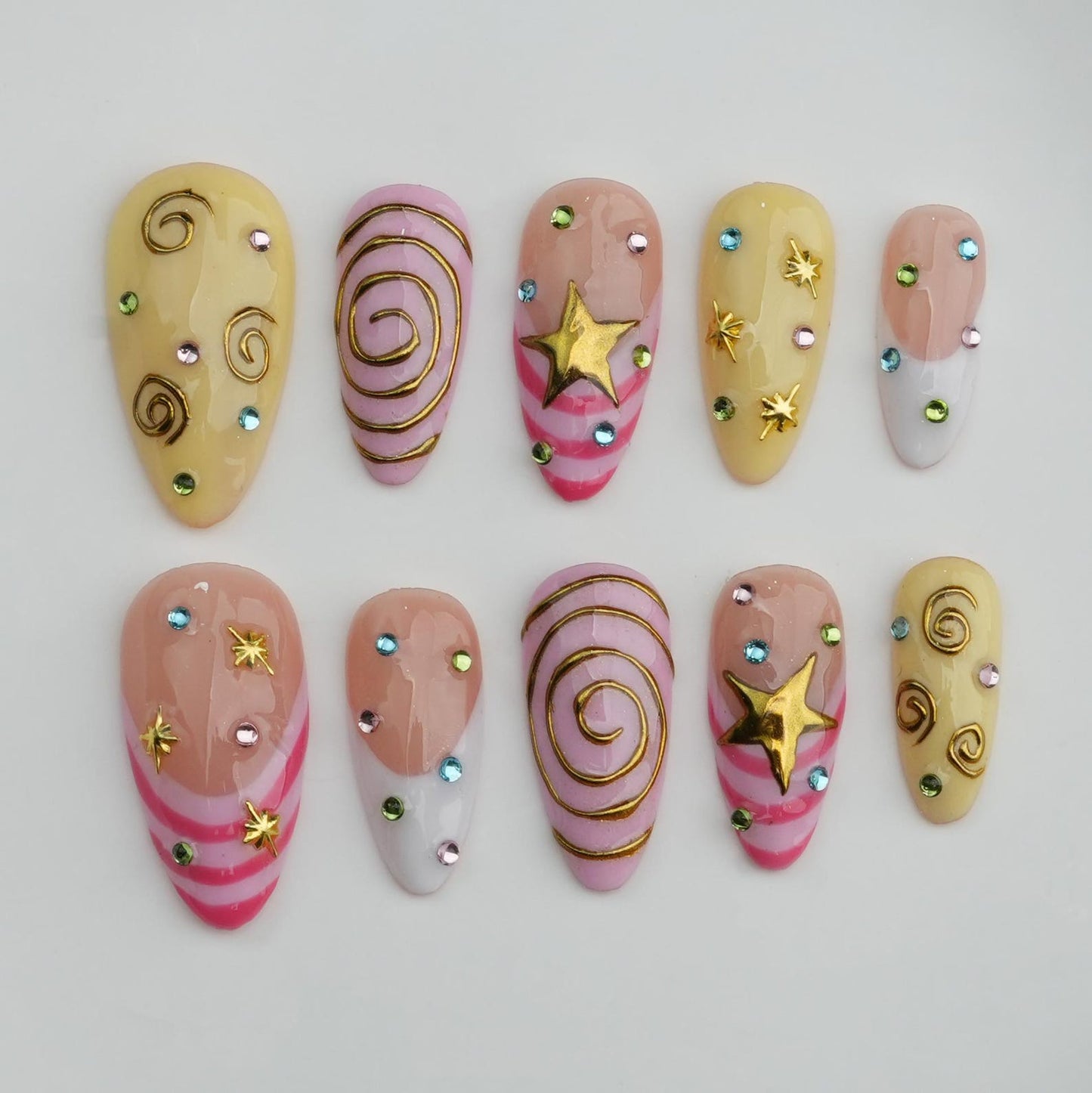 Cute Star Swirl Press-On Nails – Handmade Y2K Pink & Yellow Nail Set | Kawaii Reusable False Nails