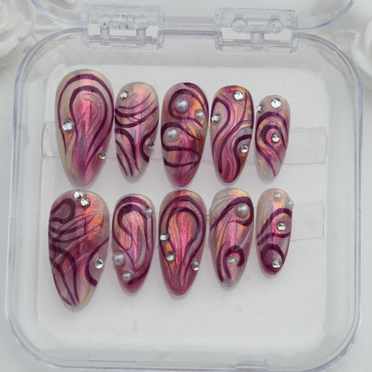 Aurora Magenta Swirl Press-On Nails – Iridescent Chrome Pearl Nail Art Set