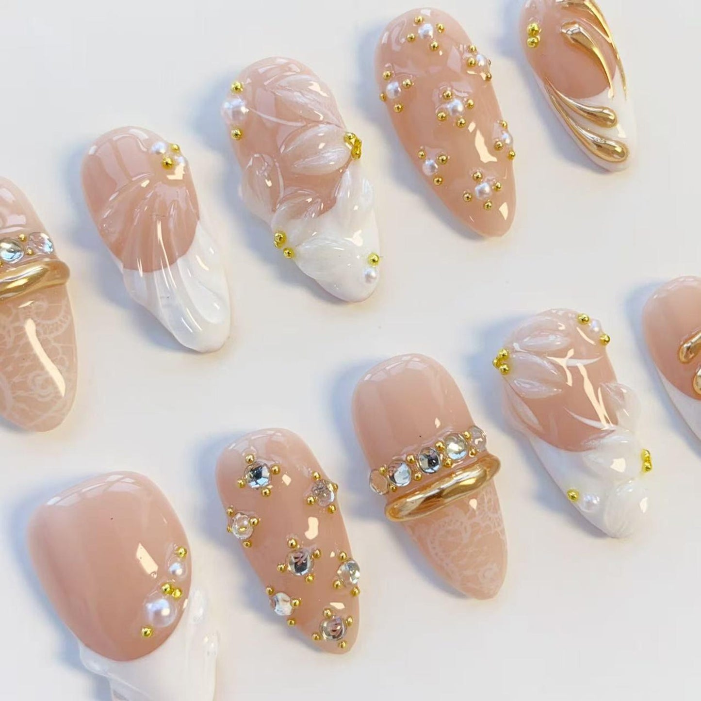 Luxury Nude Pink Press-On Nails with Rhinestones & Gold Chrome | 3D Floral Bridal Nail Set | Elegant Glam Nail Art