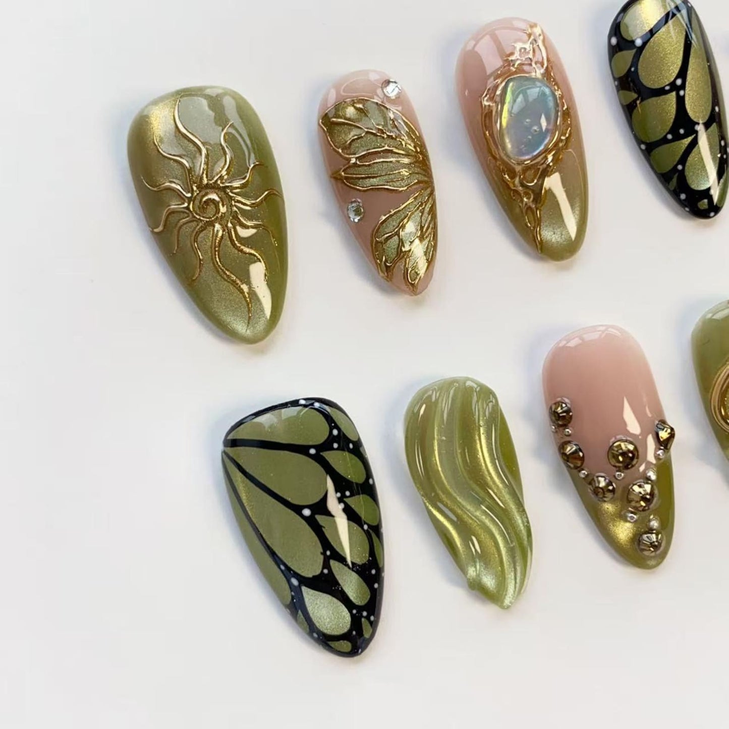 Luxury Olive Green & Gold Press-On Nails – Handmade 3D Butterfly, Floral & Gemstone Nail Set