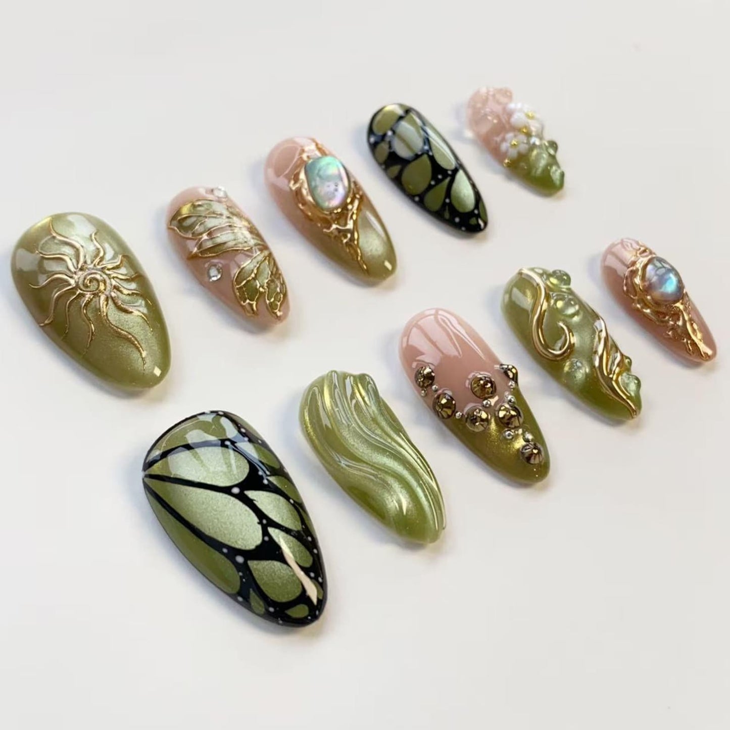 Luxury Olive Green & Gold Press-On Nails – Handmade 3D Butterfly, Floral & Gemstone Nail Set