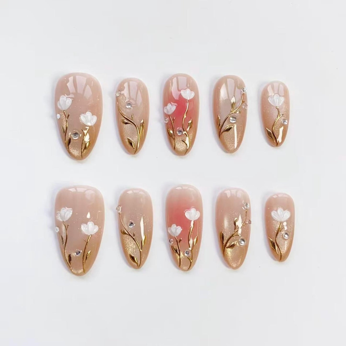 Golden Blossom Press-On Nails – Elegant White Floral Nude Nail Art Set