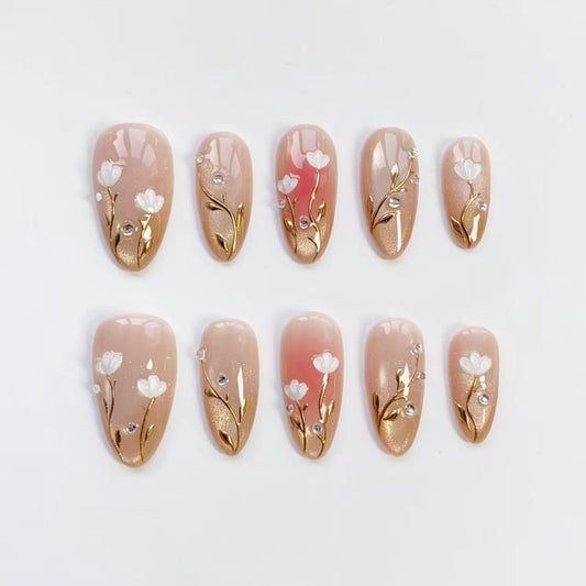Golden Blossom Press-On Nails – Handmade Nude Floral Pearl Nail Set