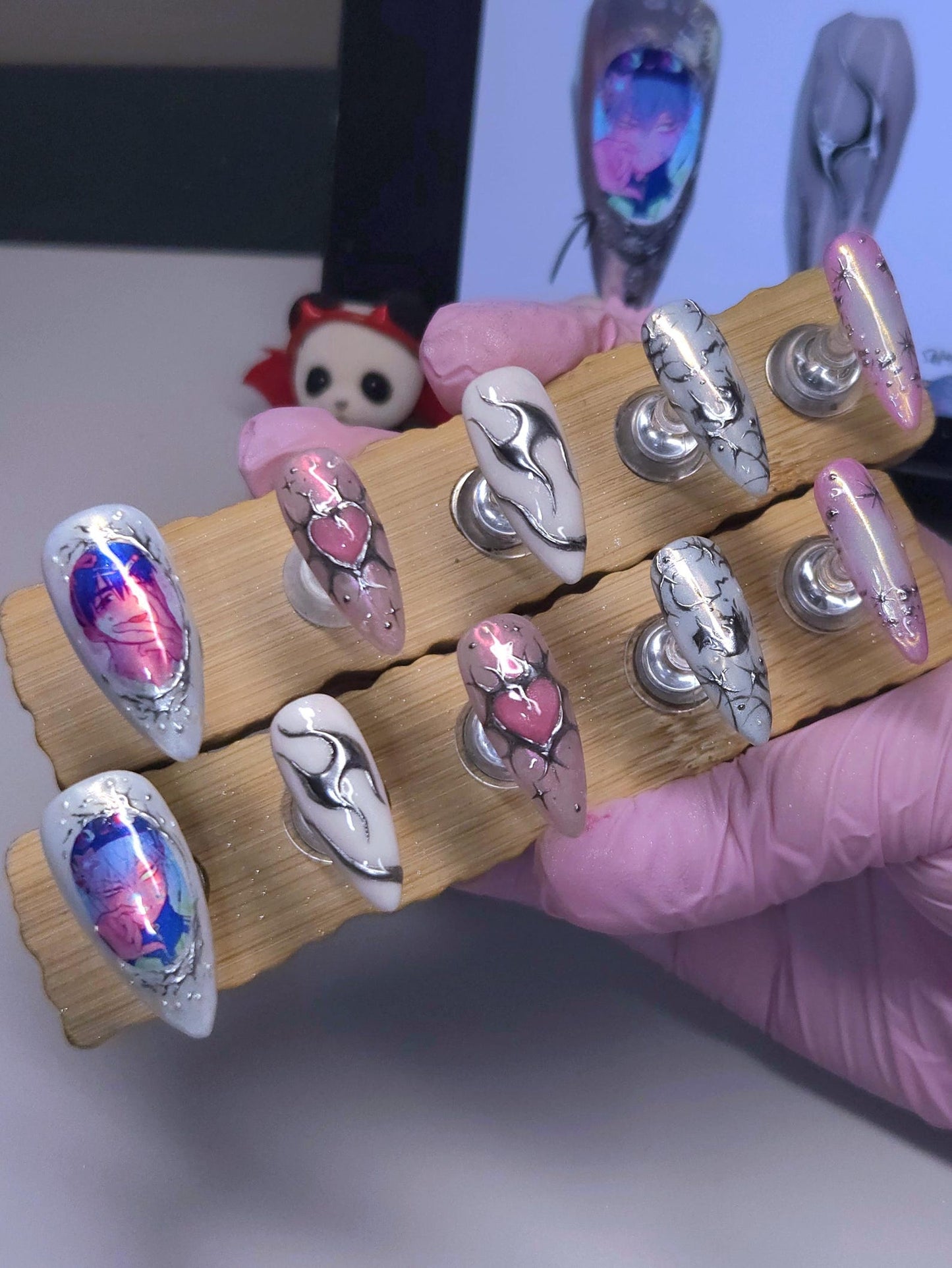 Anime Gothic Heart Press-On Nails – Handmade Y2K Silver Chrome Nail Set | Kawaii Alternative Reusable False Nails