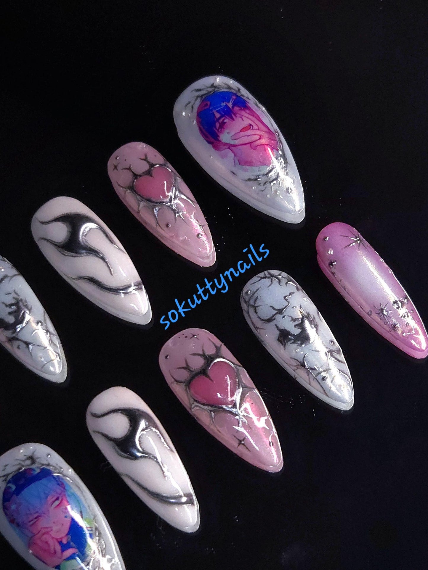 Anime Gothic Heart Press-On Nails – Handmade Y2K Silver Chrome Nail Set | Kawaii Alternative Reusable False Nails