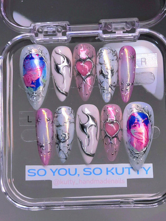 Anime Gothic Heart Press-On Nails – Handmade Y2K Silver Chrome Nail Set | Kawaii Alternative Reusable False Nails