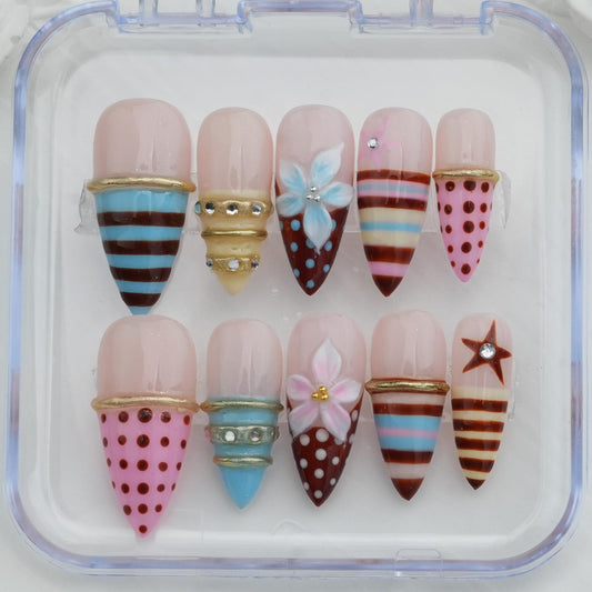 Cute Ice Cream Press-On Nails – Handmade Kawaii Dessert Nail Set | Pastel Reusable False Nails
