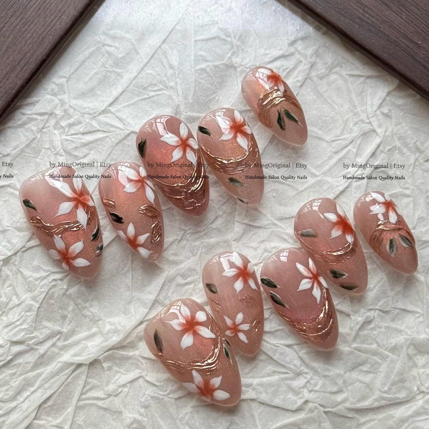 Blush Sakura Bloom Press-On Nails – Hand-Painted Floral Rose Gold Nail Art Set