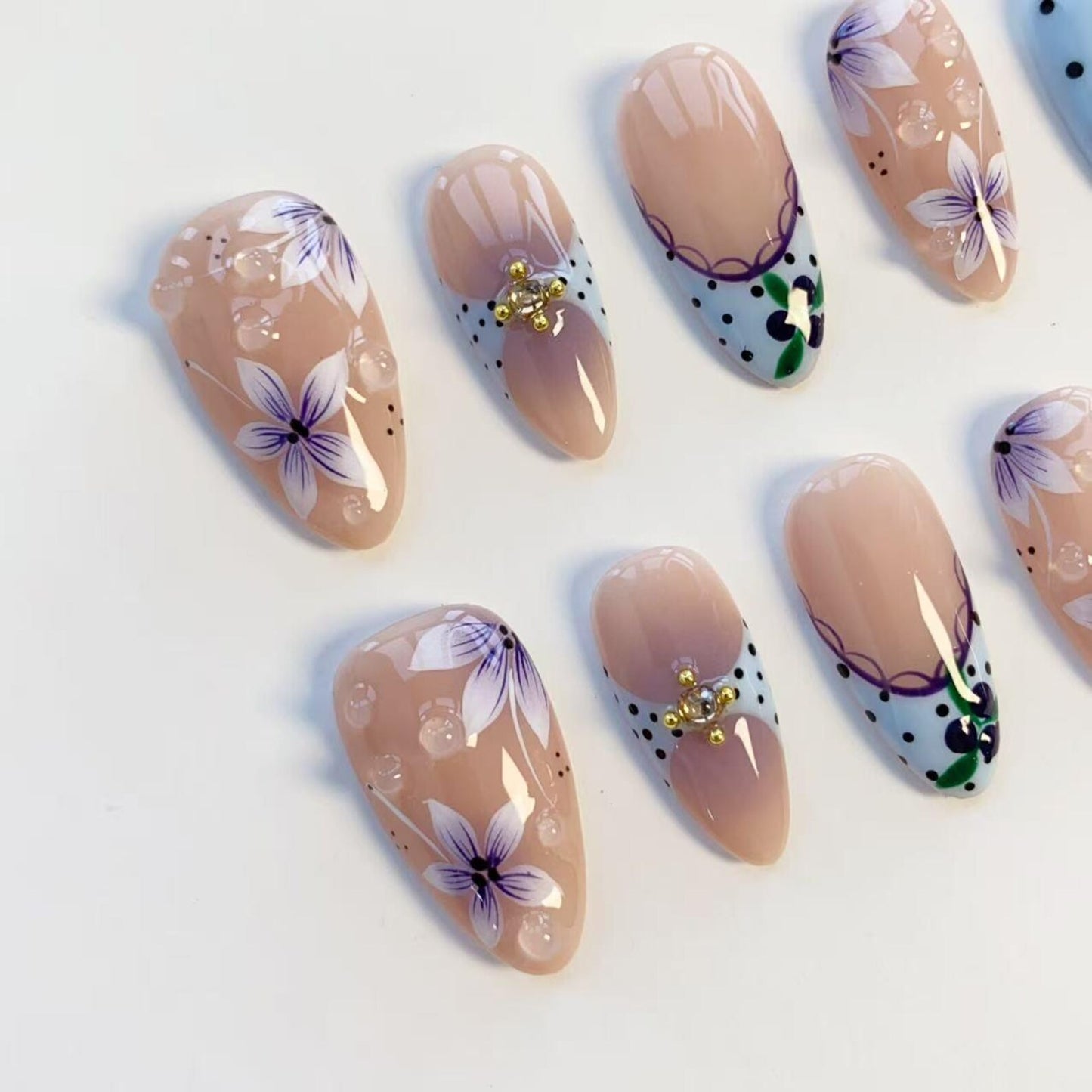 Lavender Bloom French Press-On Nails – Floral Polka Dot Nail Art Set