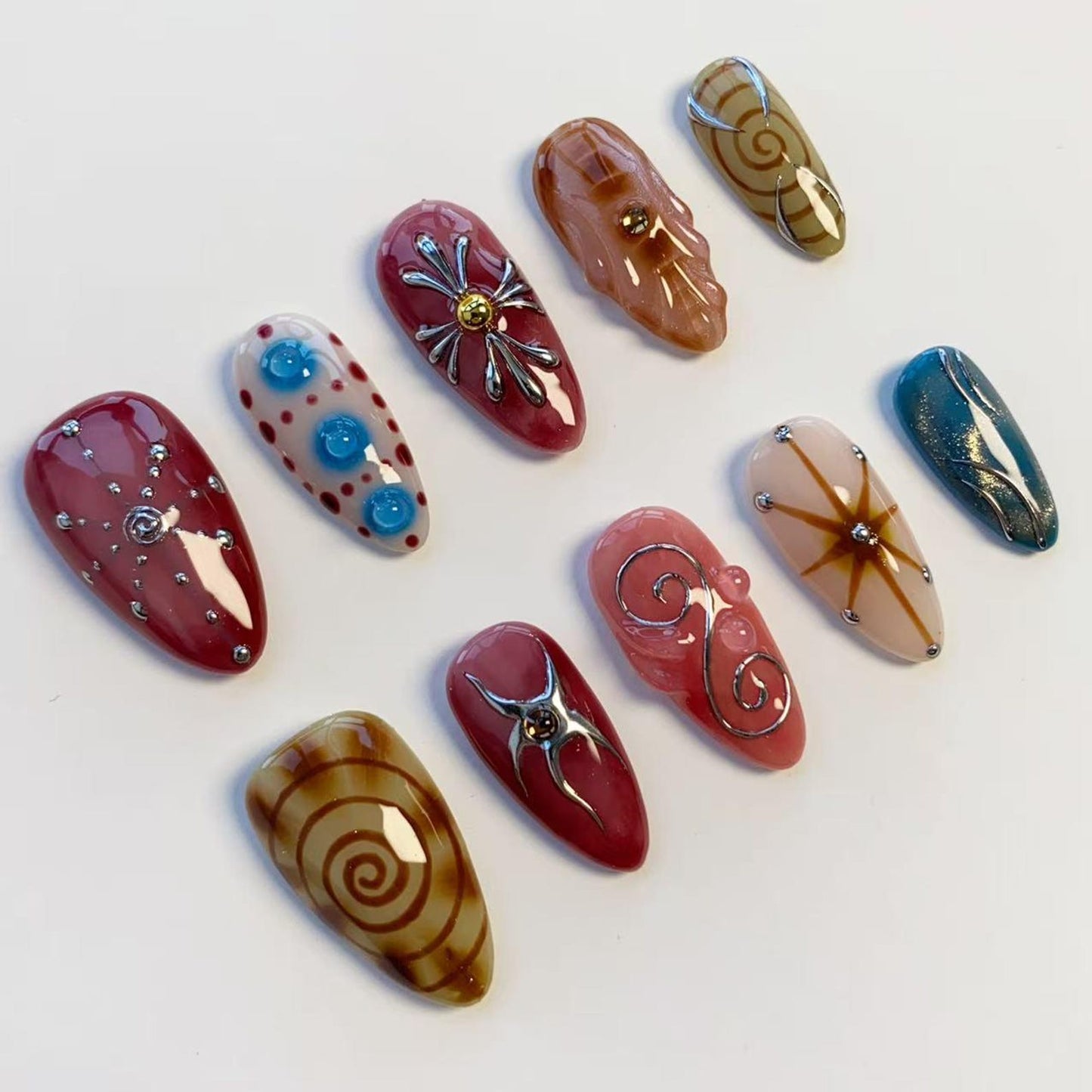 Retro Y2K Abstract Press-On Nails – Handmade Chrome Swirl Nail Set | Artistic Reusable False Nails