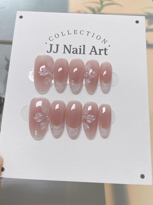 Elegant Blush Floral Press-On Nails – 3D Pearl Flower Nude Pink Almond Nail Set