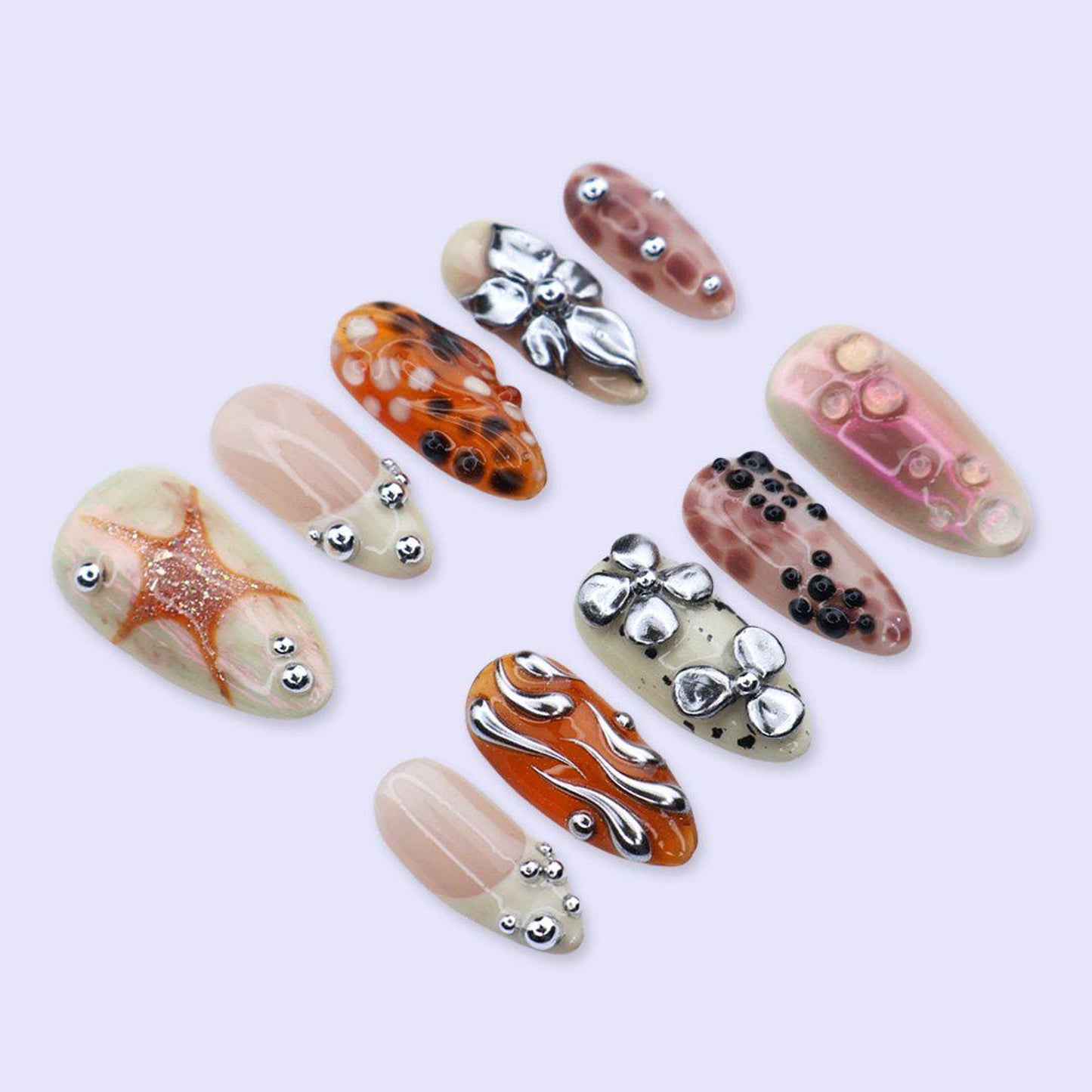 Celestial Bloom Press-On Nails – Chrome Flower & Starfish Abstract Nail Art Set