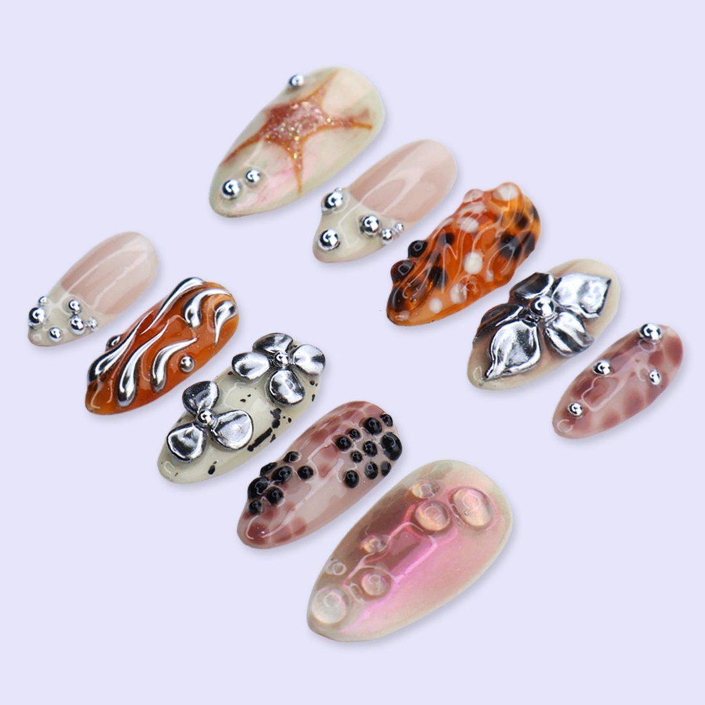 Celestial Bloom Press-On Nails – Chrome Flower & Starfish Abstract Nail Art Set