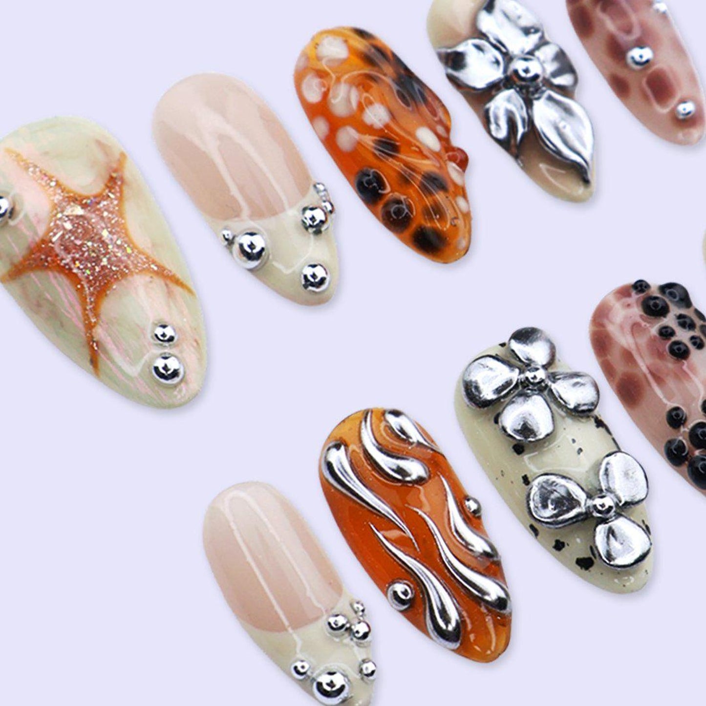 Celestial Bloom Press-On Nails – Chrome Flower & Starfish Abstract Nail Art Set