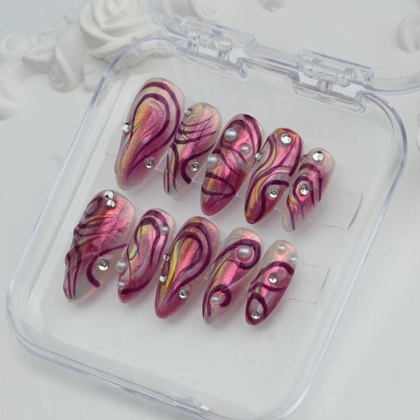Aurora Magenta Swirl Press-On Nails – Iridescent Chrome Pearl Nail Art Set