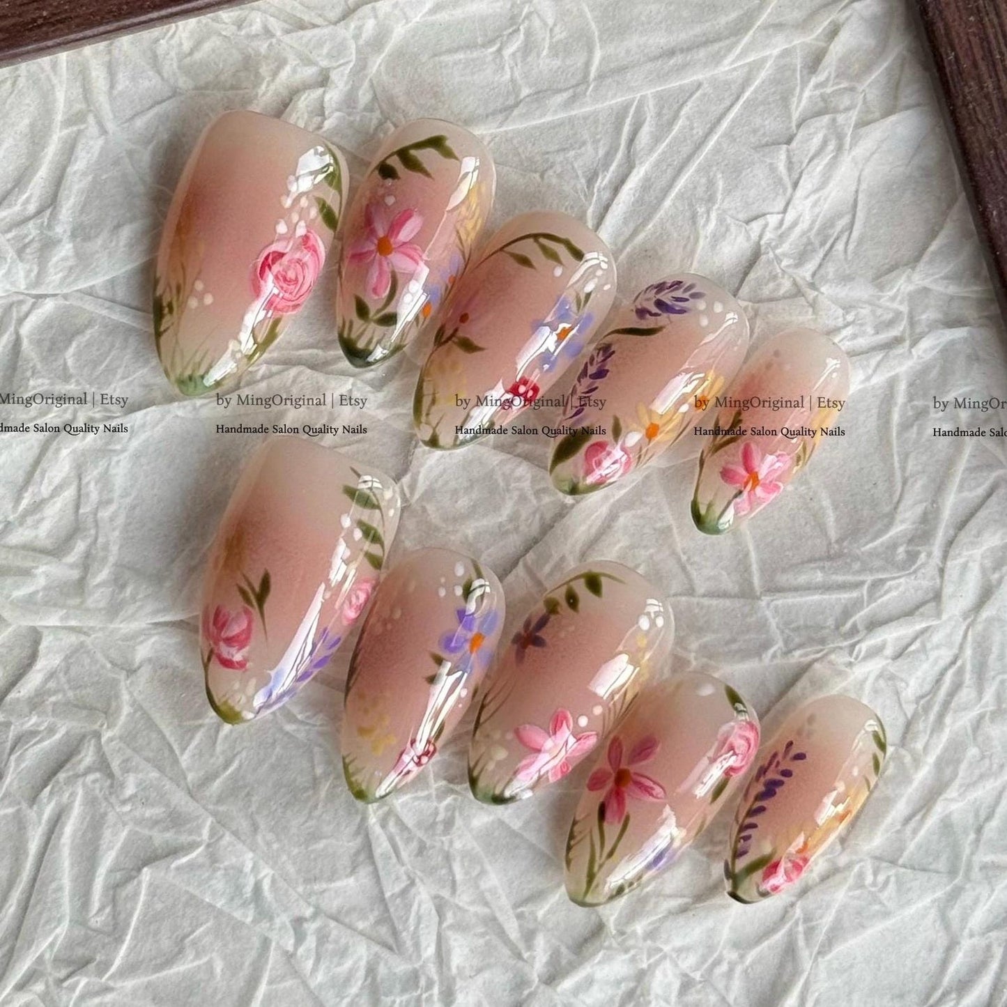 Handmade Floral Press-On Nails – Nude Pink Spring Garden Nail Set | Almond Shape Glossy Fake Nails | Reusable Custom Nail Art