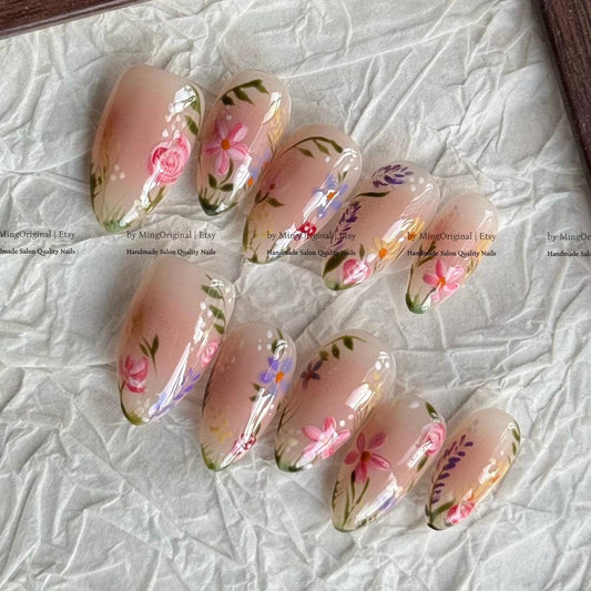 Handmade Floral Press-On Nails – Nude Pink Spring Garden Nail Set | Almond Shape Glossy Fake Nails | Reusable Custom Nail Art