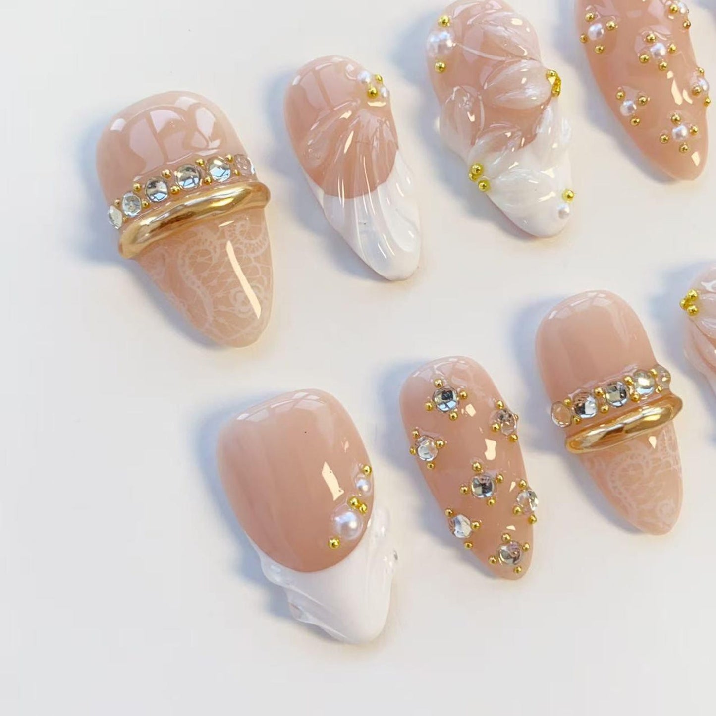 Luxury Nude Pink Press-On Nails with Rhinestones & Gold Chrome | 3D Floral Bridal Nail Set | Elegant Glam Nail Art