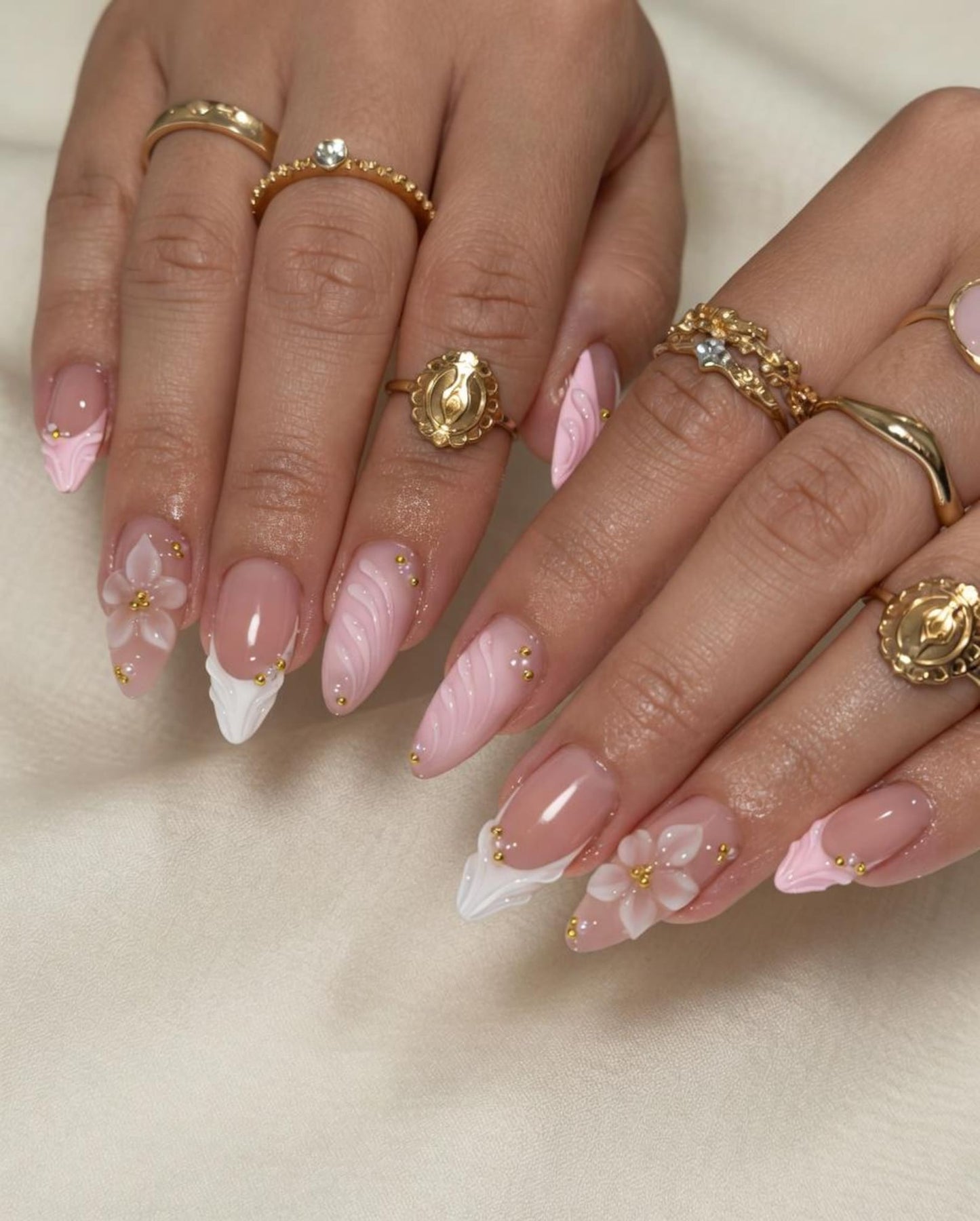 Blush Pink 3D Floral Press-On Nails – Elegant Almond-Shaped Handmade Nail Set with Gold Accents