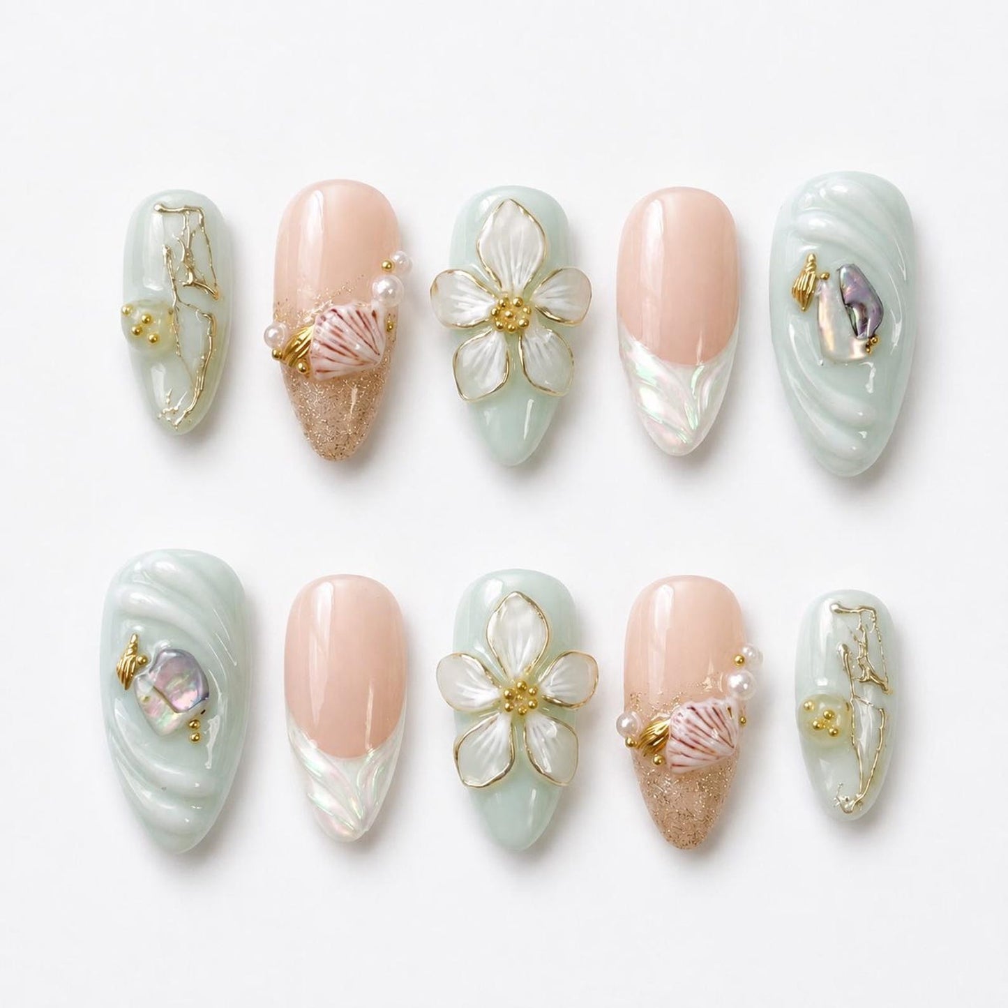 Ocean Bloom Pearl Press-On Nails – Handmade 3D Floral & Seashell Nail Set