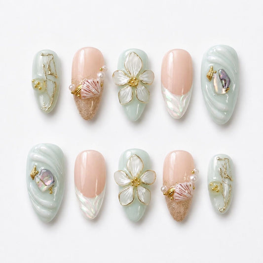 Ocean Bloom Pearl Press-On Nails – Handmade 3D Floral & Seashell Nail Set