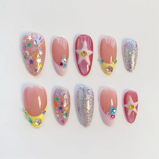 Kawaii Star Glitter Press-On Nails – Handmade Pink Sparkly Nail Set | Cute Reusable False Nails