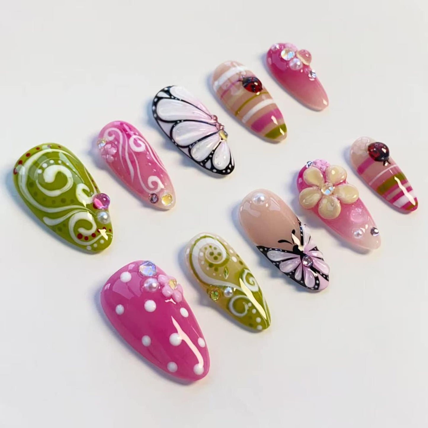 Butterfly Garden Press-On Nails – Pink Floral & Green Swirl Handmade Almond Nail Set