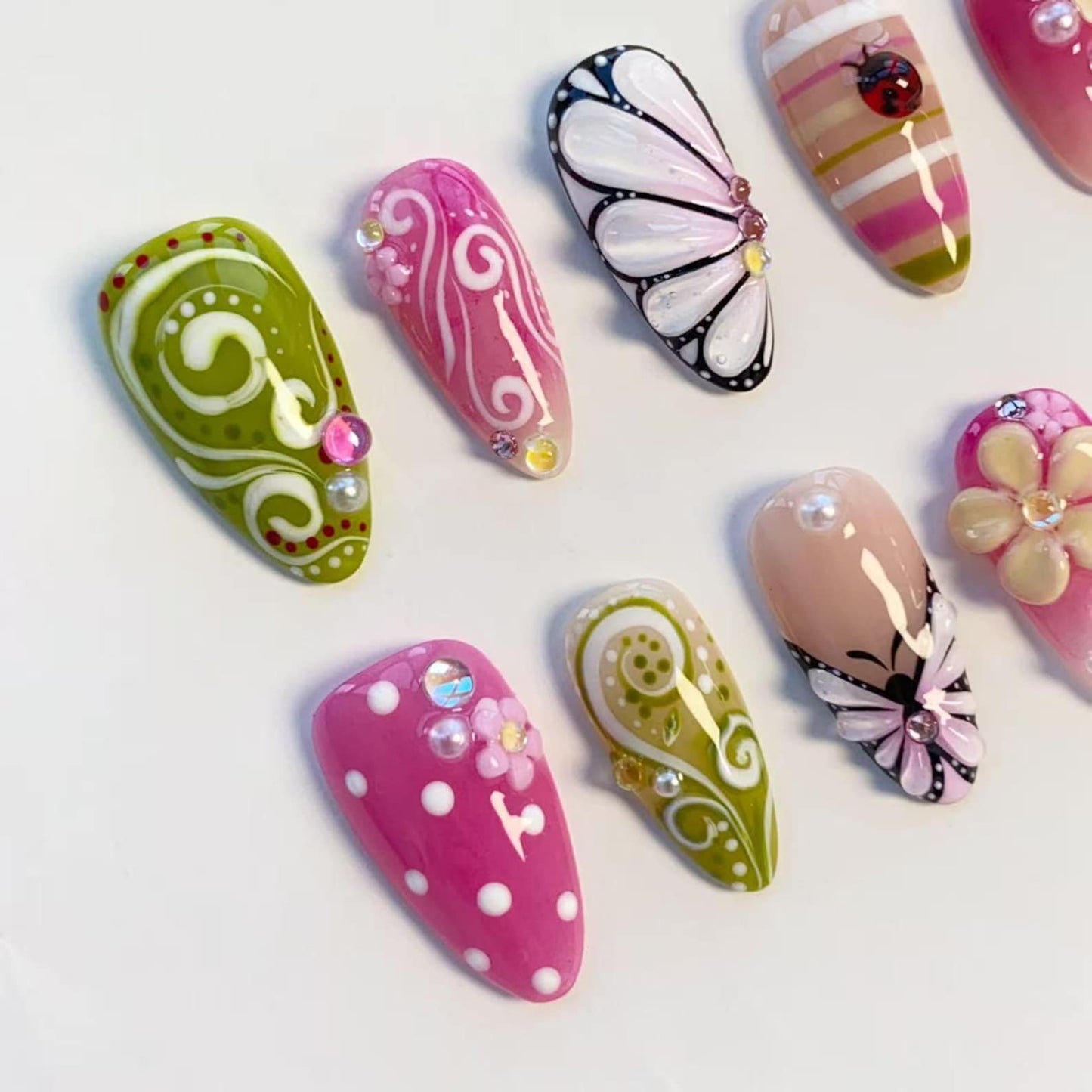 Butterfly Garden Press-On Nails – Pink Floral & Green Swirl Handmade Almond Nail Set