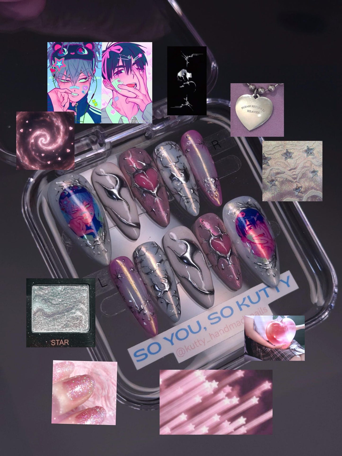 Anime Gothic Heart Press-On Nails – Handmade Y2K Silver Chrome Nail Set | Kawaii Alternative Reusable False Nails