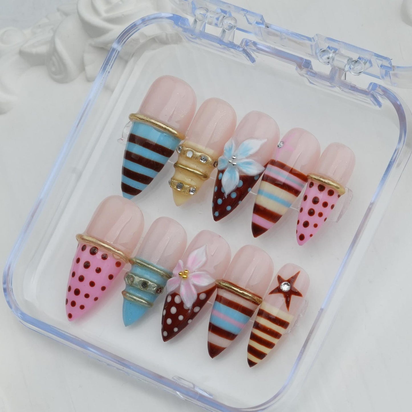 Cute Ice Cream Press-On Nails – Handmade Kawaii Dessert Nail Set | Pastel Reusable False Nails