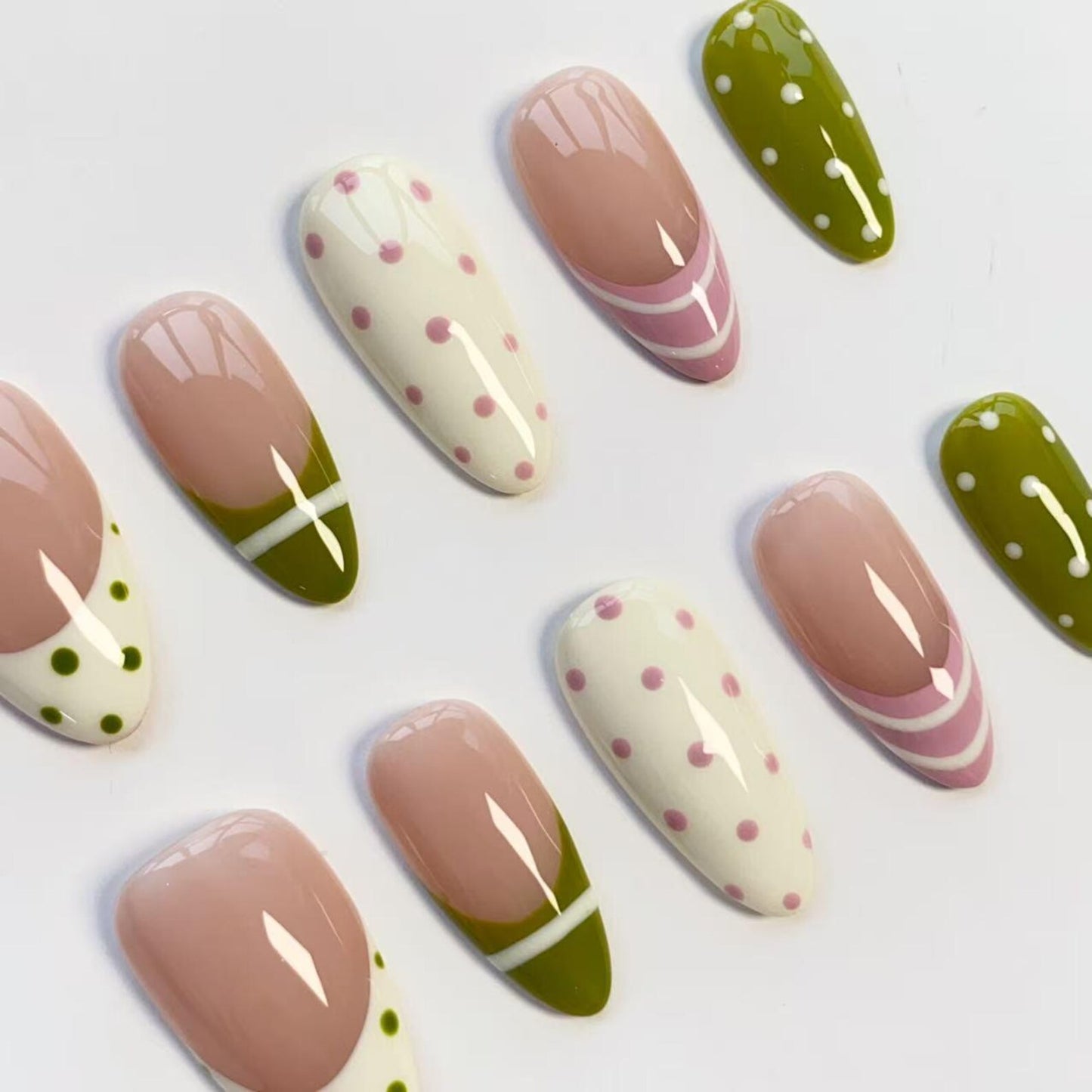 Minimalist Polka Dot Press-On Nails – Cute Green & Pink French Tip Nail Set | Handmade Reusable False Nails