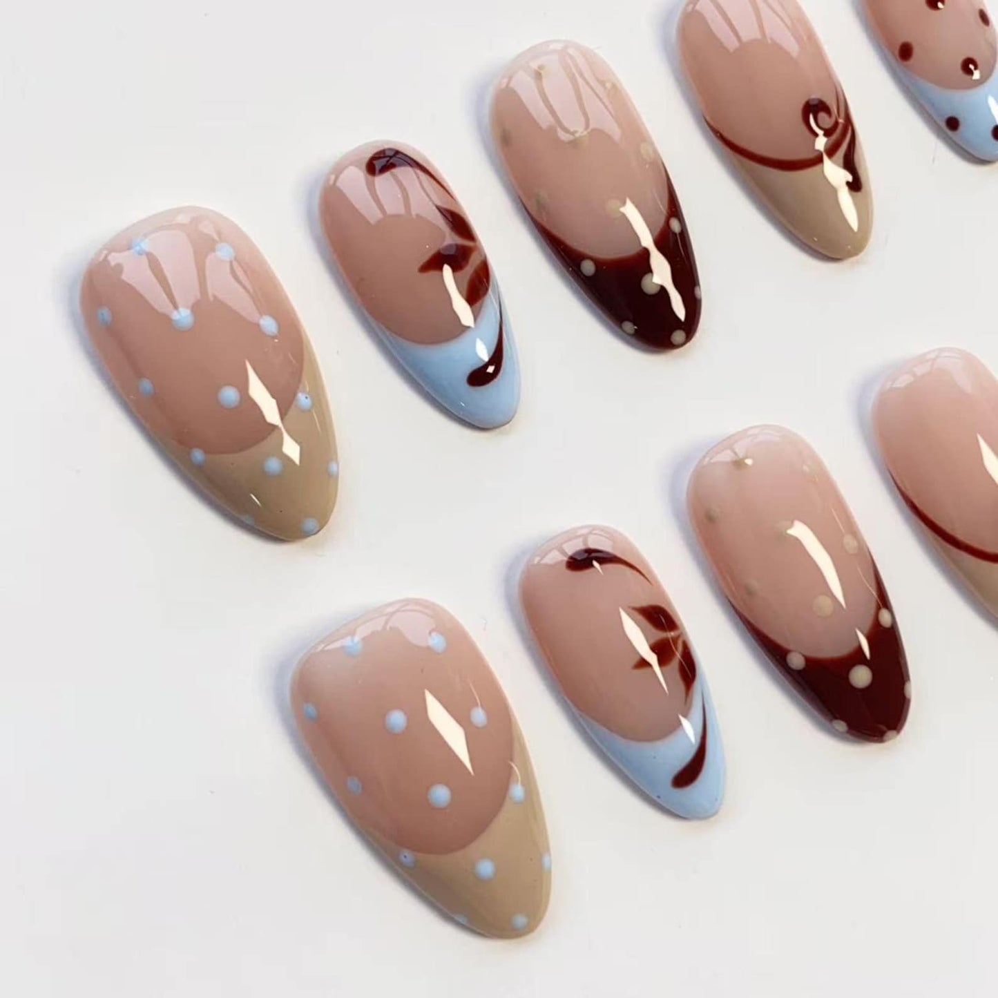 Cherry Mocha Dot Press-On Nails – Retro Polka Dot French Tip Nail Art Set
