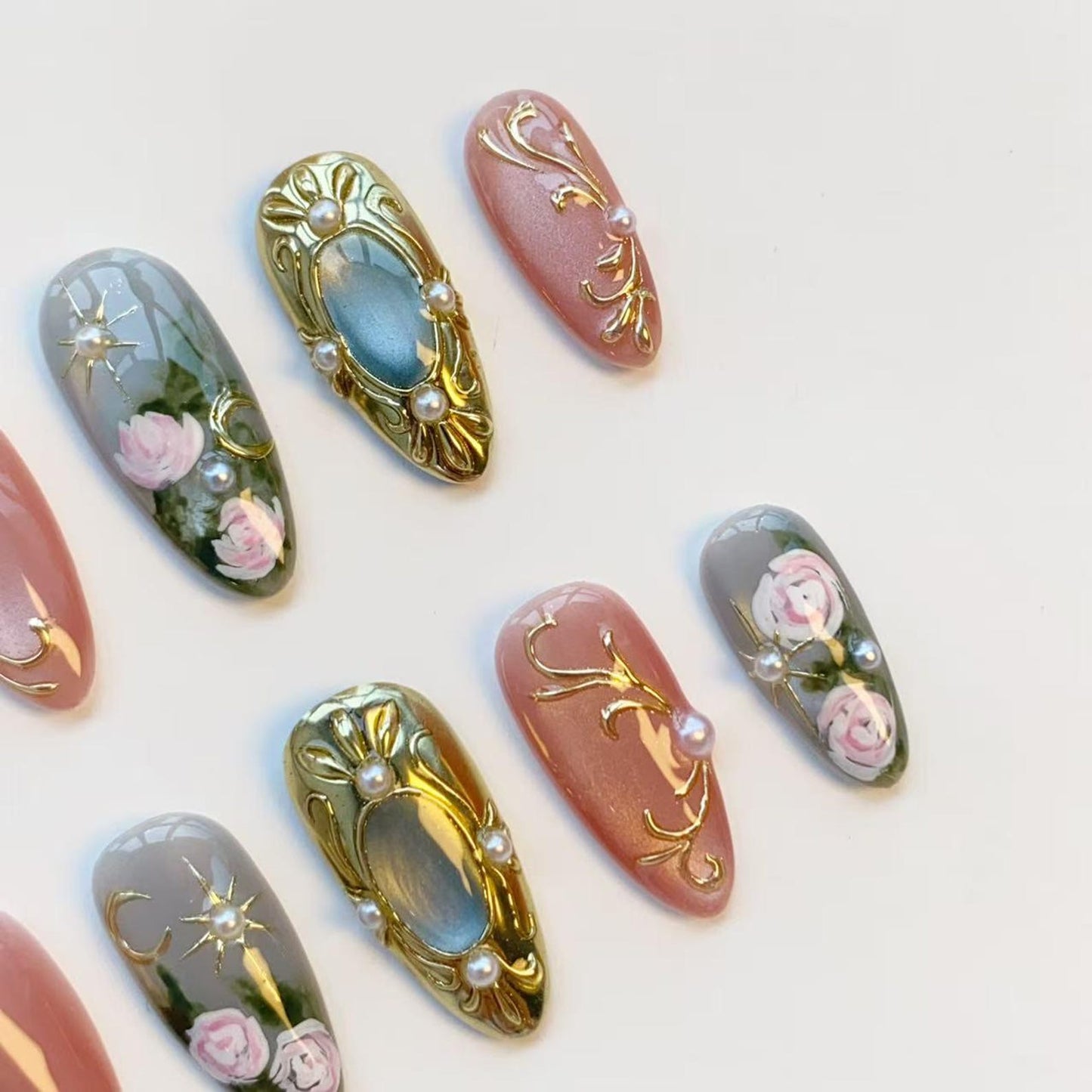 Vintage Rose Press-On Nails – Handmade Floral Nail Set with Gold Frame Charms & Pearl Accents