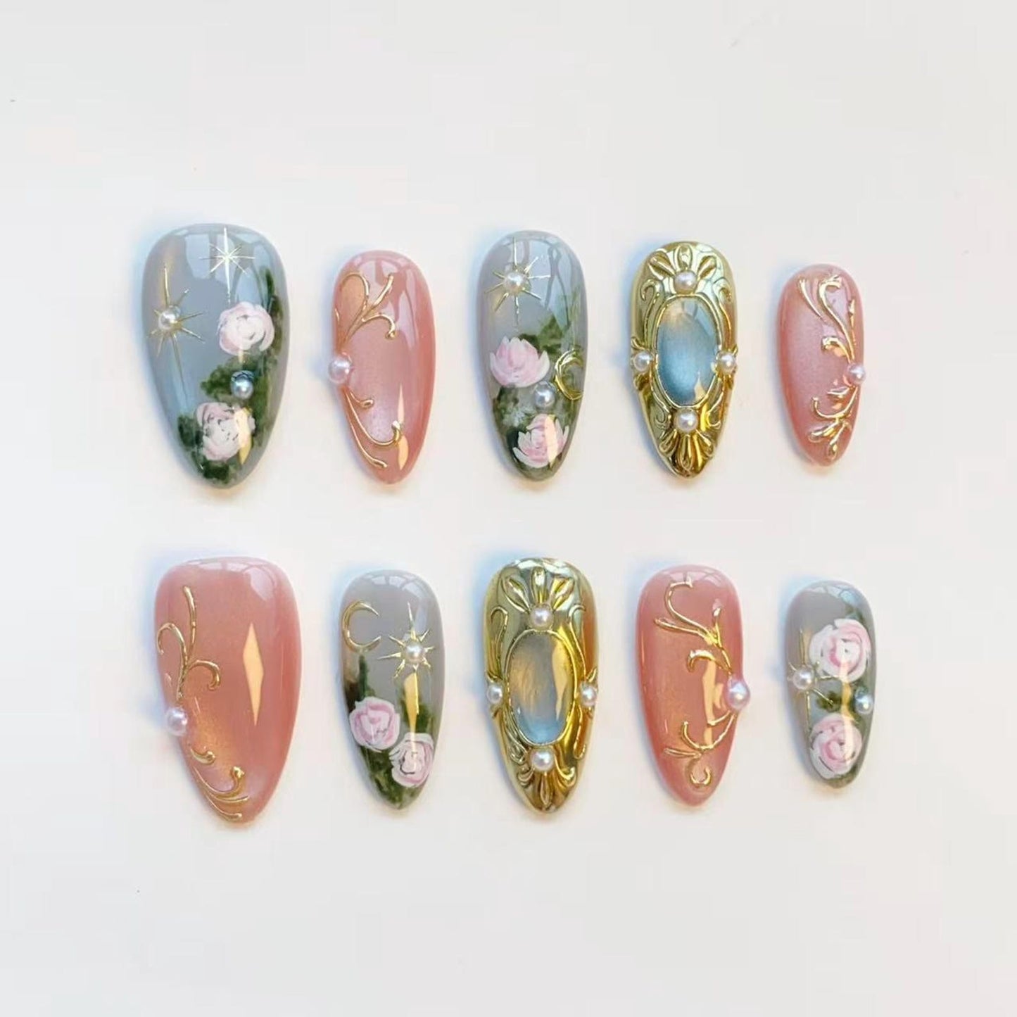Vintage Rose Press-On Nails – Handmade Floral Nail Set with Gold Frame Charms & Pearl Accents
