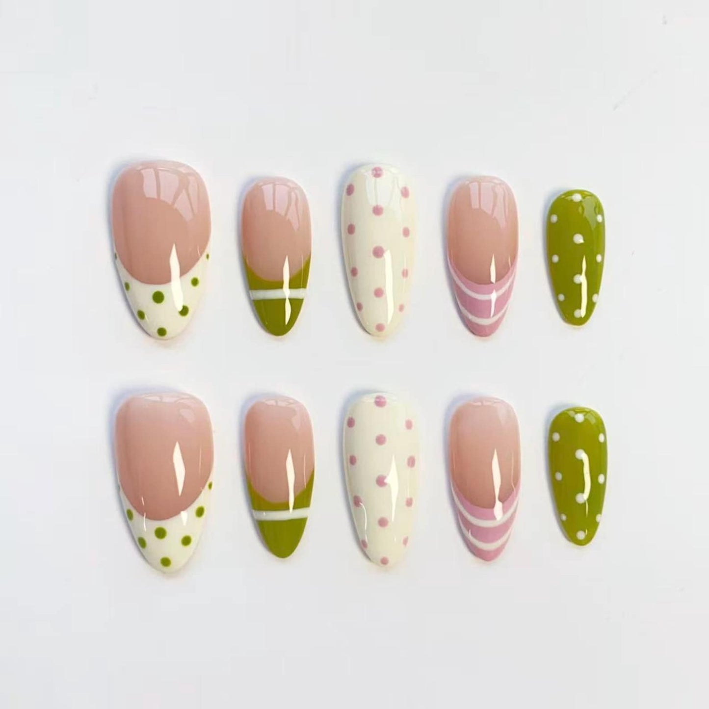 Minimalist Polka Dot Press-On Nails – Cute Green & Pink French Tip Nail Set | Handmade Reusable False Nails