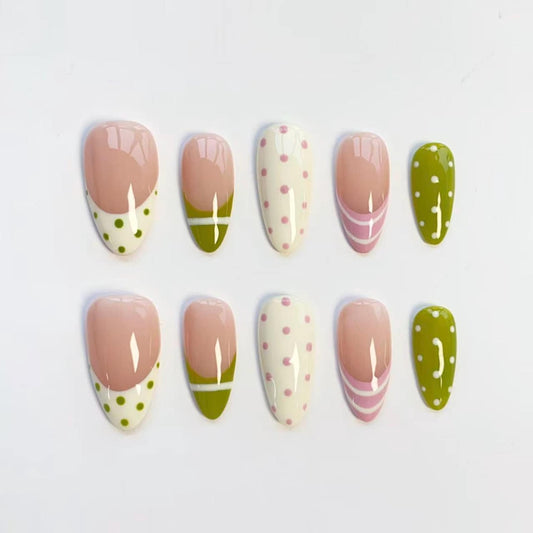 Minimalist Polka Dot Press-On Nails – Cute Green & Pink French Tip Nail Set | Handmade Reusable False Nails