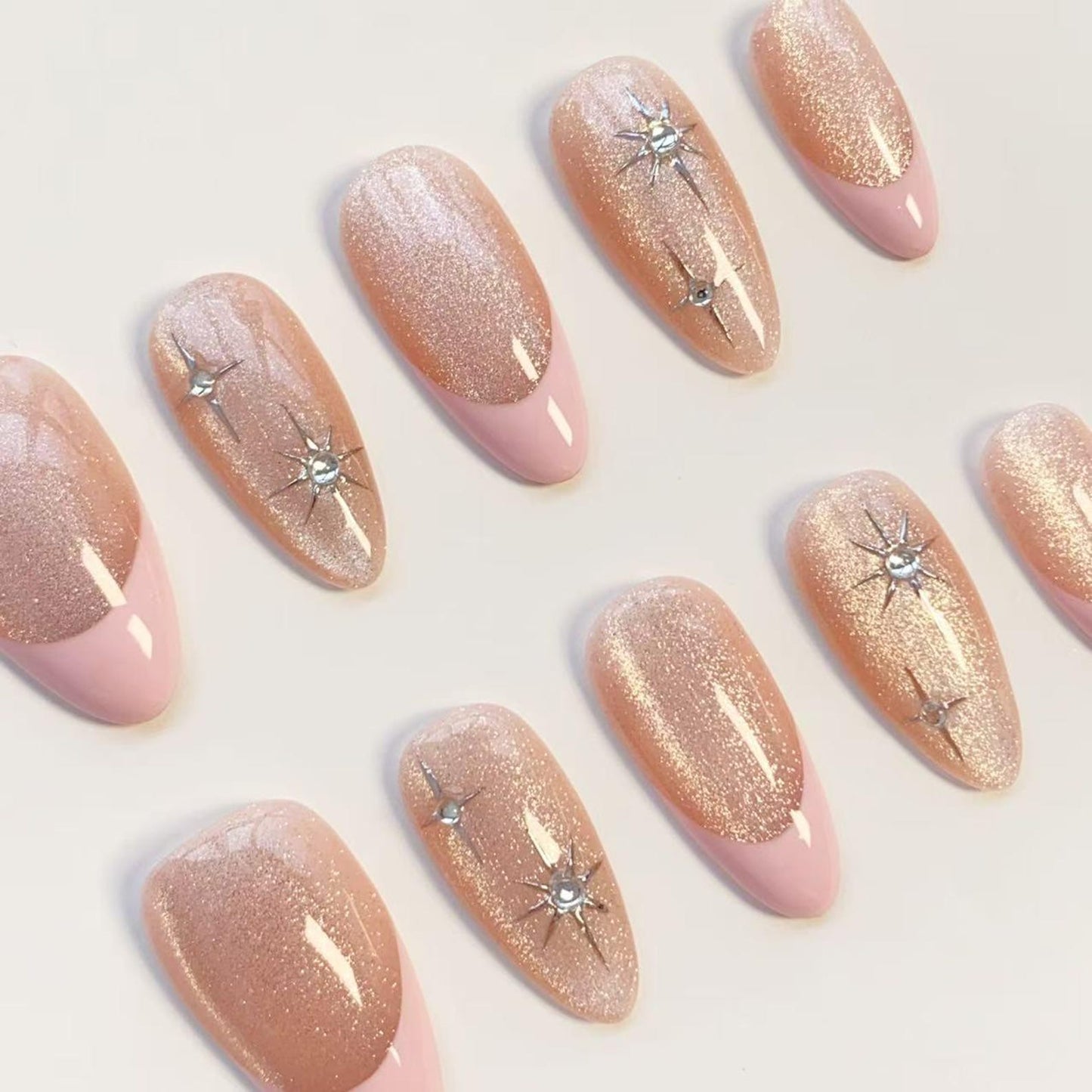 Pink Glitter French Tip Press-On Nails – Sparkling Rhinestone Star Nail Set | Elegant Almond Fake Nails | Handmade Reusable Nail Art