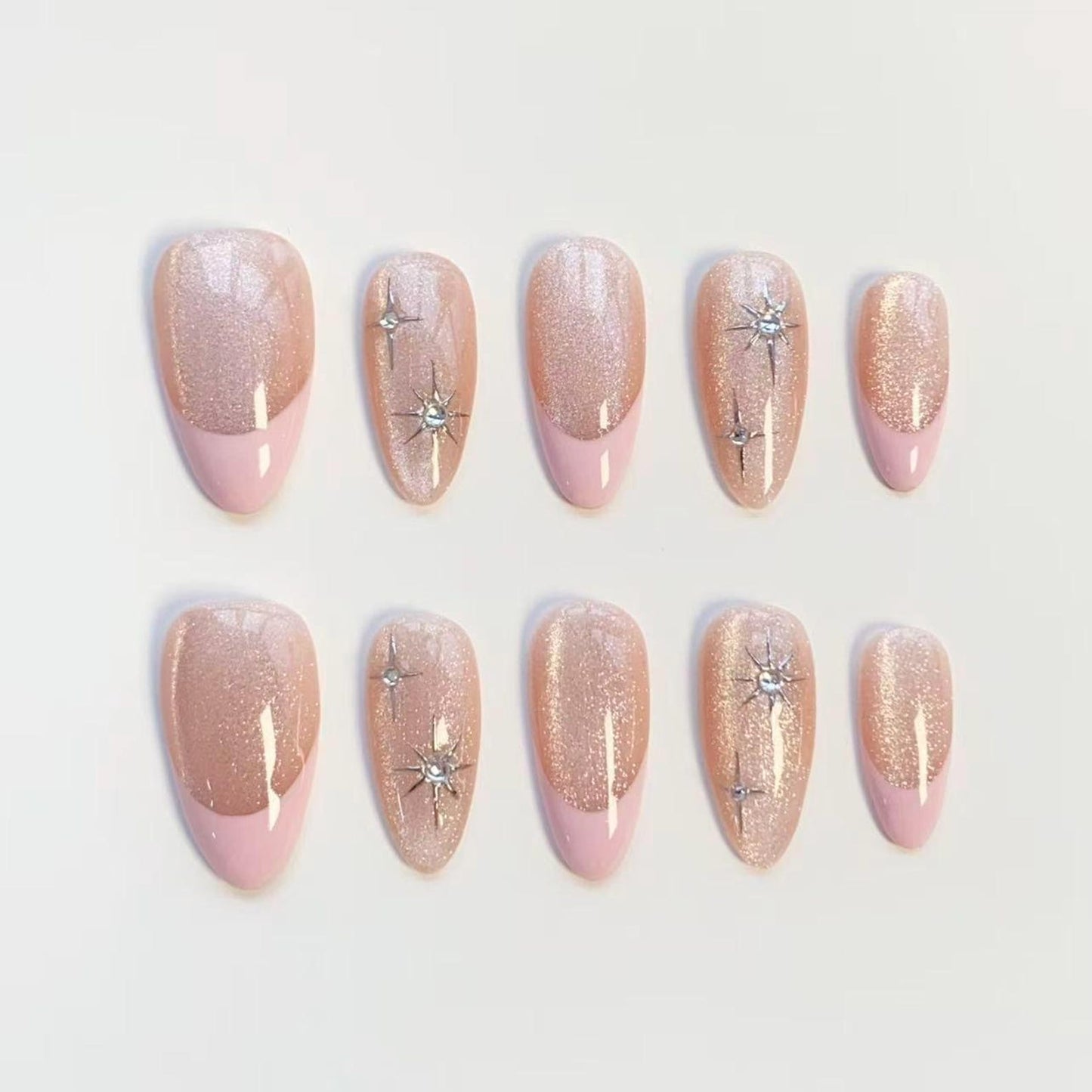 Pink Glitter French Tip Press-On Nails – Sparkling Rhinestone Star Nail Set | Elegant Almond Fake Nails | Handmade Reusable Nail Art