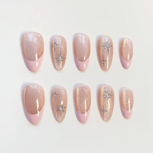 Pink Glitter French Tip Press-On Nails – Sparkling Rhinestone Star Nail Set | Elegant Almond Fake Nails | Handmade Reusable Nail Art