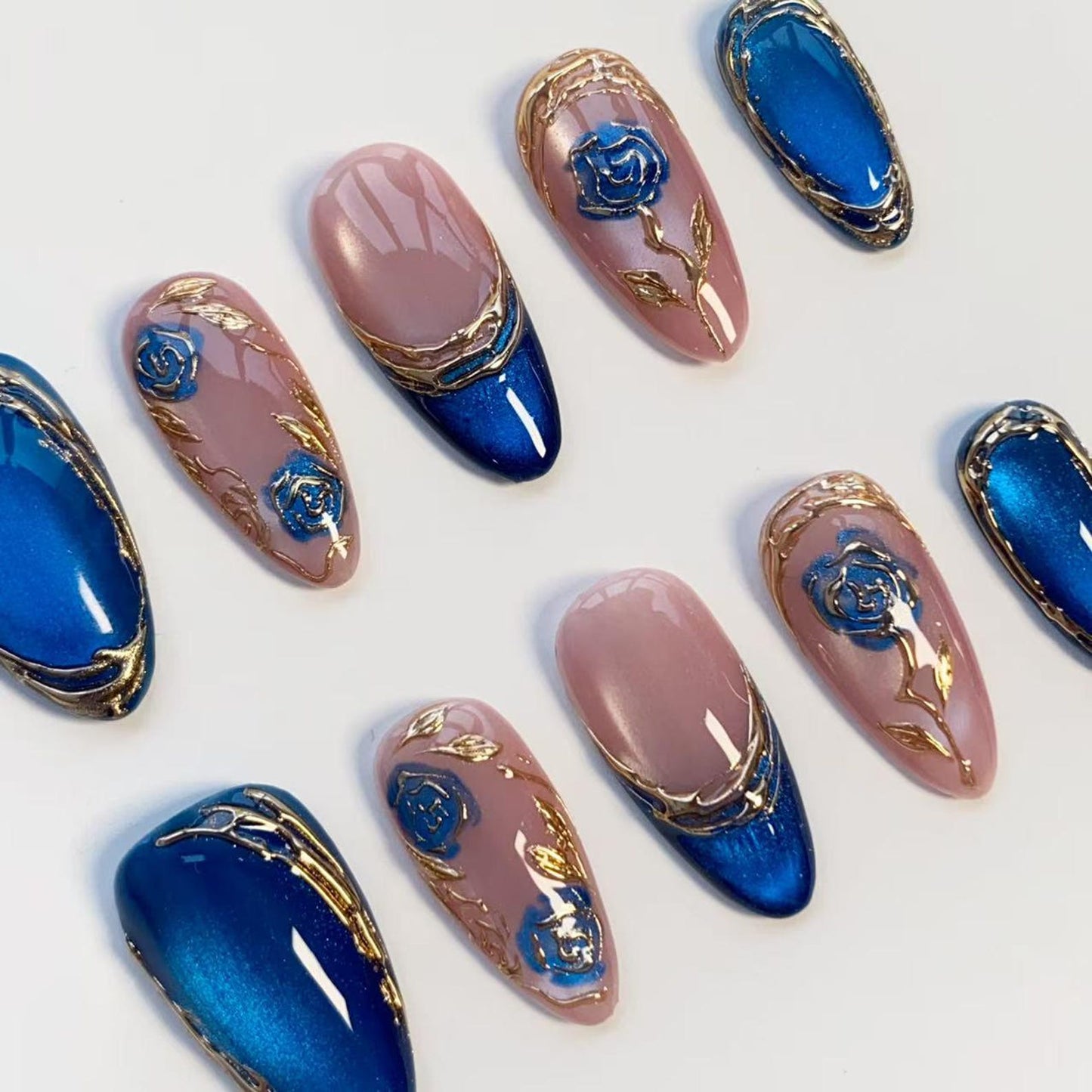 Royal Blue Rose Press-On Nails – Handmade Luxury Floral Nail Set | Elegant Reusable False Nails