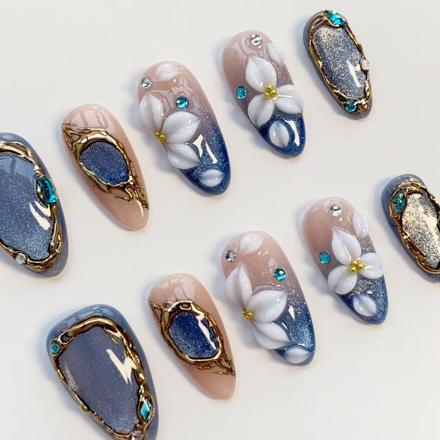 Blue Crystal Blossom Press-On Nails – Handmade 3D Floral Luxury Nail Set
