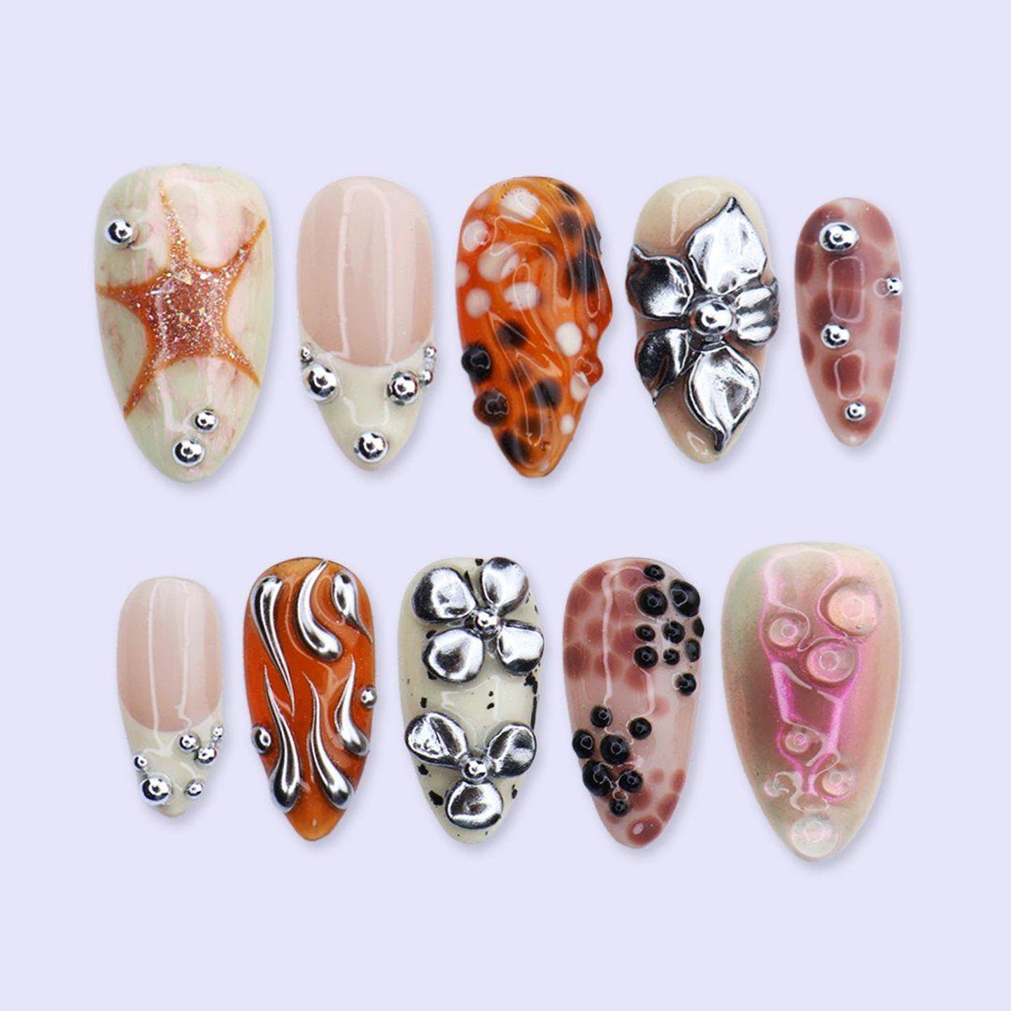 Celestial Bloom Press-On Nails – Chrome Flower & Starfish Abstract Nail Art Set