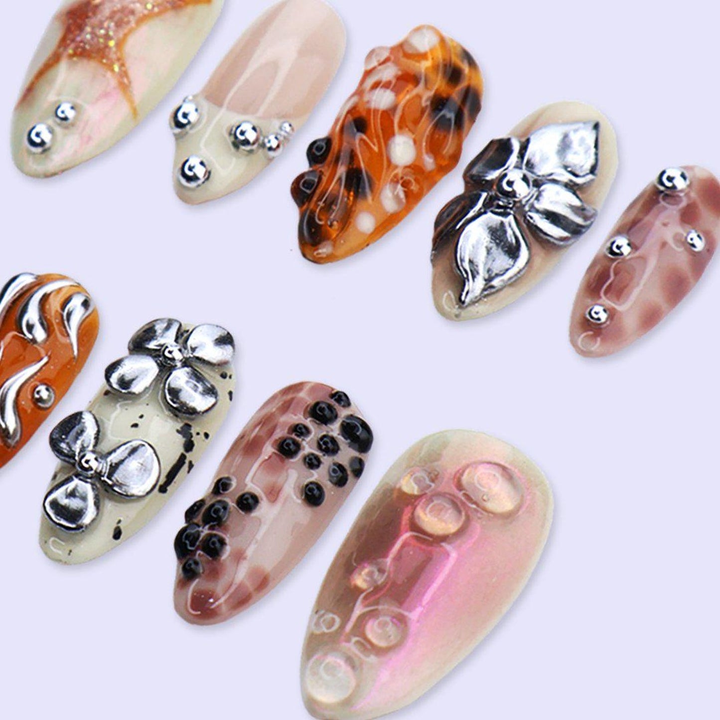 Celestial Bloom Press-On Nails – Chrome Flower & Starfish Abstract Nail Art Set
