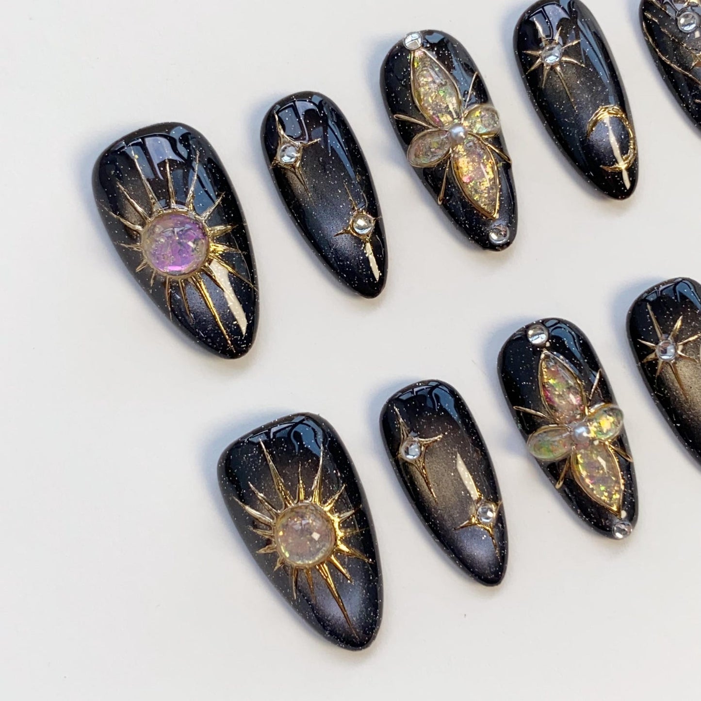 Celestial Midnight Press-On Nails – Black Galaxy Sun & Moon Luxury Handmade Nail Set