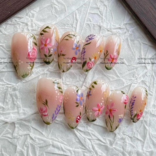 Handmade Floral Press-On Nails – Nude Pink Spring Garden Nail Set | Almond Shape Glossy Fake Nails | Reusable Custom Nail Art